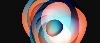 Soyut renkli tasarım. Üst üste binen şekiller dinamik dairesel desen oluşturur. Gradyan renkler harmanlanarak modern görsel öğe oluşturur.