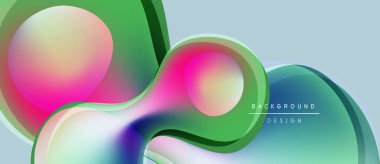 Abstract fluid shapes, vibrant colors blend. Modern design, smooth gradients create dynamic composition. Light teal background complements pinks, greens.