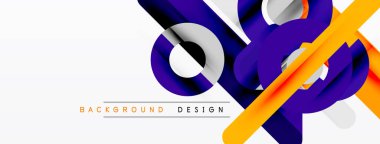 Soyut geometrik tasarım. Üst üste binen şekiller dinamik görsel efekt yaratır. Turuncu, mavi renkler beyaz arkaplana hakim. Modern biçim.