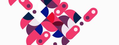 Soyut geometrik şekiller, pembeler, maviler, morlar. Modern tasarım, üst üste binen formlar dinamik kompozisyon yaratır. Minimalist estetik.