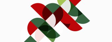 Soyut geometrik bileşim. Üst üste binen daireler, dikdörtgenler dinamik görsel desen oluşturur. Kırmızı, yeşil, pembe beyaz arkaplan.