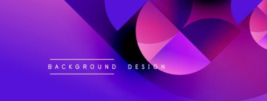 Soyut mor tasarım, üst üste binen şekiller. Gradyan renkler dinamik görsel efekt yaratır. Metin arkaplan tasarımı okur.