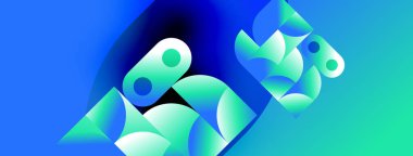 Soyut geometrik şekiller canlı mavileri, yeşillikleri harmanlarlar. Modern tasarım teknolojiyi, yeniliği, akıcılığı çağrıştırıyor. Renkler derinlik yaratır, görsel ilgi.