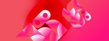 Soyut pembe şekiller kırmızı arkaplanla örtüşüyor. Modern tasarım, canlı renkler, dinamik kompozisyon. Minimalist estetik, geometrik formlar mevcut.