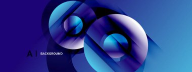 Abstract blue shapes overlap creating dynamic composition. Gradient colors suggest depth, movement, modern design aesthetic.