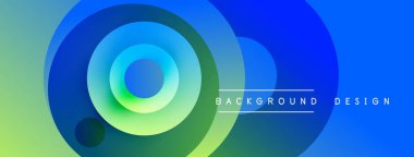 Soyut gradyan çemberler dinamik görsel efekt yaratır. Mavi, yeşil renkler kompozisyonda baskın, derinlik ve hareket var. Metin arkaplan tasarımı okur.