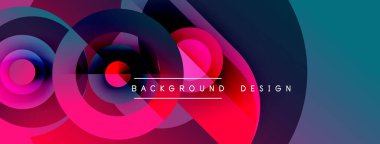 Soyut renkli çemberler dinamik arkaplan oluşturur. Modern tasarım canlı pembeler, maviler, morlar içerir. Metin arkaplan tasarımı okur.