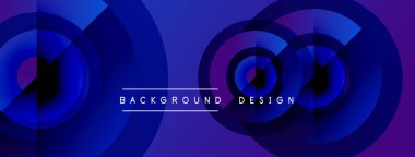 Soyut mavi daireler dinamik arkaplan oluşturur. Modern tasarım katmanlı şekiller, gradyanlar, metin elementleri içerir. Minimalist estetik.