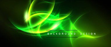 Parlak yeşil enerji akışı, karanlık zemin üzerinde dönen desenler. Modern tasarım elementleri teknoloji ve yenilik öneriyor. Arkaplan metni arkaplan tasarımı okur.