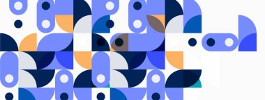 Soyut geometrik desen. Mavi, turuncu daireler, şekiller modern tasarım yaratıyor. Minimalist estetik, temiz çizgiler, düz çizimler.