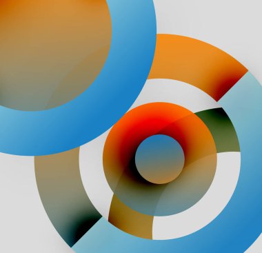 Soyut daireler örtüşüyor, canlı renk eğimleri yaratıyor. Tasarım sıcak, serin tonlar, basit geometri içerir. Modern estetik.