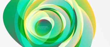 Soyut girdap şekilleri, canlı yeşiller, sarılar dinamik dairesel tasarım yaratır. Modern arkaplan ögesi, düz gradyanlar mevcut.