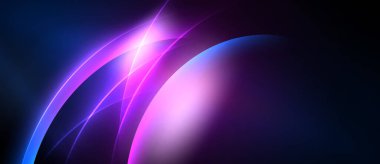 Soyut tasarım kıvrımlı çizgiler, canlı maviler, pembeler içerir. Işık yayılır, dinamik görsel efekt yaratır. Koyu arkaplan aydınlığı artırır.