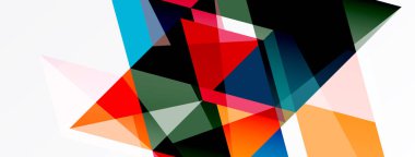 Soyut geometrik şekiller örtüşür, canlı renk blokları oluşturur. Bileşik özellikler üçgenler, çizgiler, dokular, modern tasarım elementleri.