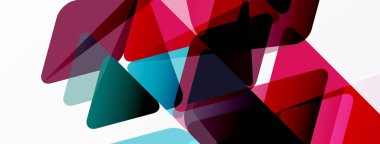 Soyut şekiller örtüşür, canlı renk karışımları yaratır. Pembe, kırmızı, deniz mavisi renkleri beyaz arkaplana hükmediyor. Modern tasarım elemanları.