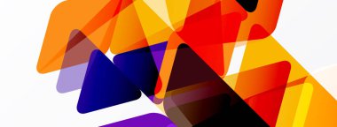 Soyut geometrik şekiller örtüşür, canlı renk karışımları yaratır. Turuncu, kırmızı, mor renkler beyaz arkaplana hakim. Modern tasarım.