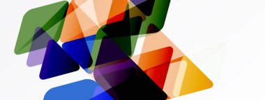 Üst üste binen renkli üçgenler içeren soyut kompozisyon. Şekiller değişkendir, opaklık dinamik görsel efekt yaratır. Parlak renkler beyaz arkaplana hakim.