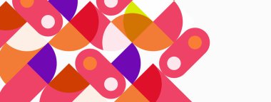 Soyut renkli şekiller örtüşüyor, dinamik desenler oluşturuyor. Canlı renkler beyaz arkaplana hakim. Modern tasarım ögesi.