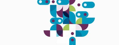 Soyut geometrik şekiller, deniz mavisi, mor, yeşil renkler. Minimalist tasarım, temiz arka plan, modern estetik. Kompozisyon dinamik ve neşeli hissettiriyor..