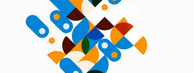 Soyut geometrik şekiller örtüşür ve canlı bir bileşim yaratır. Mavi, turuncu, kahverengi baskın tasarım. Minimalist tarz, modern estetik.