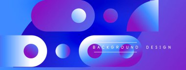 Soyut canlı tasarım, üst üste binen daireler, kareler. Renk mavisi, mor, beyaz, dinamik görsel efekt. Modern estetik.