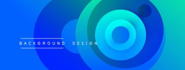 Soyut mavi arkaplan eşmerkezli daireler, gradyanlar içerir. Modern tasarım elementleri dinamik görsel etki yaratır. Basit metin etiketleri vurgulama amacı.