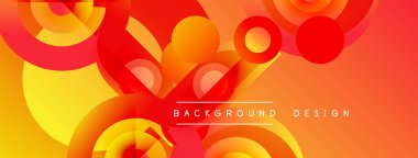 Soyut geometrik tasarım. Turuncu, kırmızı, sarı renkler harmanlanır. Daireler, kavisler dinamik bileşim oluşturur. Modern arkaplan dokusu.