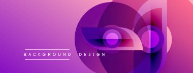 Abstract purple design features overlapping circles, gradients. Text reads background and design. Modern, vibrant aesthetic.