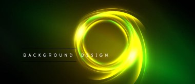 Koyu yeşil arka planda parlak neon halkalar. Metin arka plan tasarımı okur. Modern soyut çizimler, canlı renkler, dinamik akış.