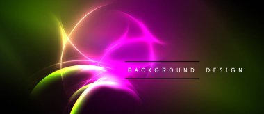 Soyut parlak çizgiler, neon ışıklar. Yeşil, mor renkler harmanlanarak dinamik bir arkaplan tasarımı yaratır. Modern, enerjik görsel.