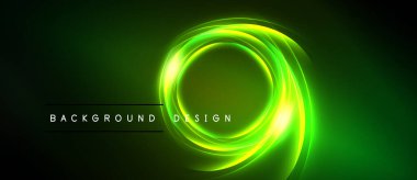 Parlak neon yeşil girdaplar koyu arkaplana hükmediyor. Metin arka plan tasarımı okur. Modern soyut görsel.