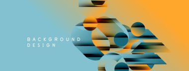 Soyut geometrik şekiller örtüşür, dinamik görsel doku oluşturur. Mavi, turuncu renkler kompozisyona hakim. Modern tasarım ögesi.