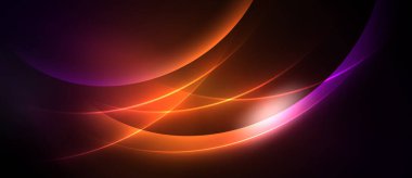 Soyut tasarım canlı kıvrımlar, gradyanlar içerir. Turuncu, mor renkler koyu arkaplana hakim. Dinamik, akışkan şekiller görsel ilgi yaratır..