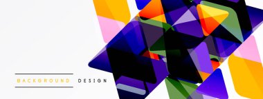 Soyut geometrik şekiller örtüşür, canlı renkli tasarım yaratır. Beyaz alan temiz karşıtlık ve modern estetik sağlar.