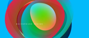 Abstract colorful layers create dynamic visual effect. Bright gradients blend, forming circular shapes against blue backdrop. Modern design element.