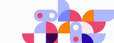 Soyut geometrik şekiller örtüşür, renkli kompozisyon oluşturur. Çemberler, yarı daireler, dikdörtgenler oyuncu desenler oluşturur. Yumuşak pastel tonlar tasarıma hakim..