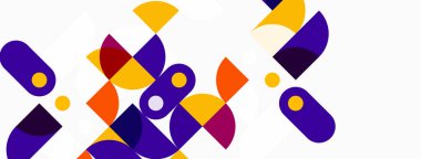 Soyut geometrik şekiller örtüşüyor, canlı renk kalıpları yaratıyor. Mor, turuncu, sarı beyaz arkaplan. Modern tasarım elemanları.