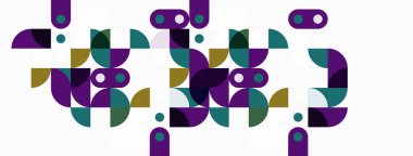 Soyut geometrik şekiller, mor, yeşil, deniz mavisi renkleri. Minimalist tasarım, temiz çizgiler, modern estetik. Desen, görsel ritim oluşturarak tekrarlar.