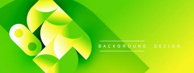 Soyut yeşil tasarım, üst üste binen şekiller, gradyanlar. Modern estetik, canlı renkler, dinamik kompozisyon. Uygun pankart veya arkaplan.