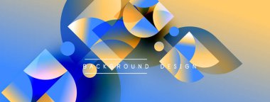 Soyut geometrik şekiller örtüşür, parlak mavi ve turuncu renkler yaratır. Metin, kompozisyon içerisindeki arkaplan tasarımını okur.