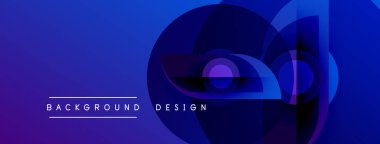 Soyut mavi tasarım, üst üste binen daireler, kareler. Gradyan gölgeler derinlik yaratır, modern estetik. Metin arkaplan tasarımı okur.