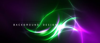 Soyut enerjik tasarım neon kıvrımları akıtmaktadır. Mor, yeşil renkler koyu arkaplana hakim. Modern, enerjik görsel.