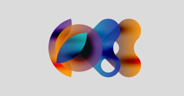 Soyut renkli şekiller örtüşür, dinamik görsel efekt yaratır. Yumuşak gradyanlar mavileri, portakalları, morları harmanlarlar. Açık gri arkaplanda minimalist tasarım.