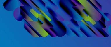 Soyut geometrik şekiller örtüşüyor, canlı renk eğimleri yaratıyor. Mavi, mor, yeşil renkler kompozisyona hakim. Modern tasarım ögesi.