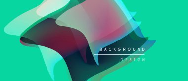 Soyut sıvı şekilleri örtüşür ve canlı renk değişimleri yaratır. Turkuaz arka plan tasarım elementlerini tamamlar. Modern estetik.