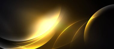 Soyut altın kıvrımlar koyu arkaplan boyunca akar. Düz şekiller dinamik ve zarif görsel efektler yaratır. Işık merkezden yayılıyor.