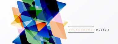 Soyut geometrik şekiller örtüşür, canlı renkli tasarım yaratır. Beyaz alan temiz karşıtlık ve modern estetik sağlar.