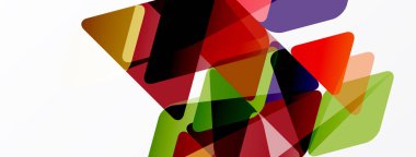 Soyut geometrik şekiller örtüşür, canlı renk karışımları yaratır. Bileşik özellikler üçgenler, dikdörtgenler, dinamik görsel doku.