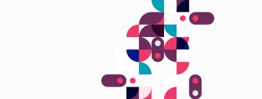 Soyut geometrik şekiller, canlı renkler, üst üste binen şekiller modern tasarım yaratır. Minimalist estetik, temiz arkaplan, oyuncu kompozisyon.