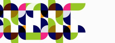 Abstract geometric pattern. Circles, semicircles, petals create colorful design. Modern aesthetic, vibrant hues, simple shapes.